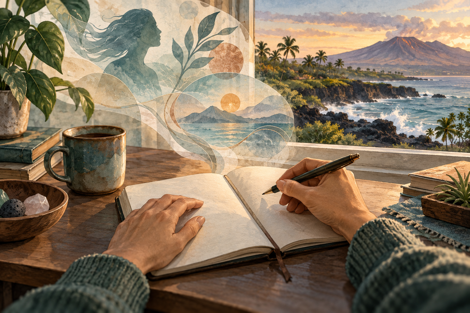 Symbolische Illustration moderner spiritueller Selbsthilfe mit Notizbuch und hawaiianischer Küstenlandschaft
