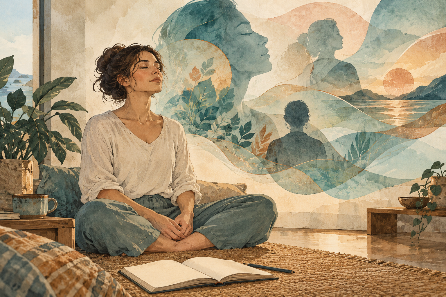 Illustration einer Person bei innerer Sammlung mit abstrakten Gedankenbildern im Hintergrund